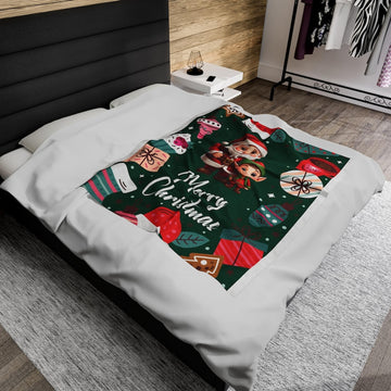 FUNSTUFFPRINT Christmas Santa and Elf Blanket, Merry Christmas Design, Festive Holiday Decor, Velveteen Plush Throw, Warm Winter Blanket, Christmas Gift
