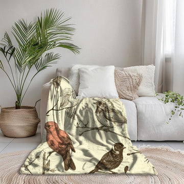 FUNSTUFFPRINT Boho Bird Design Blanket, Cozy Sherpa or Velveteen Throw, Antique Bird Print Blanket, Warm Vintage-Inspired Blanket, Bird Lover Gift