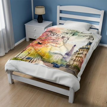 FUNSTUFFPRINT Paris Velveteen Plush Blanket, Eiffel Tower, Item #4137, Beautifully Colored Paris Neighborhood Velveteen Blanket