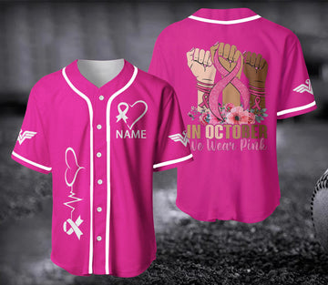 Custom Personalized Hand In October We Wear Pink Breast Cancer Baseball Jersey