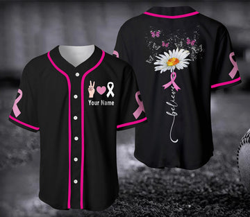 Custom Peace Love Cure Jersey, In October We Wear Pink Jersey, Personalized Breast Cancer Awareness Baseball Jerseys