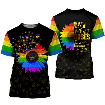 FUNSTUFFPRINT LGBT Pride 3D T-Shirt In A World Full Of Rose Be A Sunflower, Apparel Adult Full Print LGBT 3D T-shirt