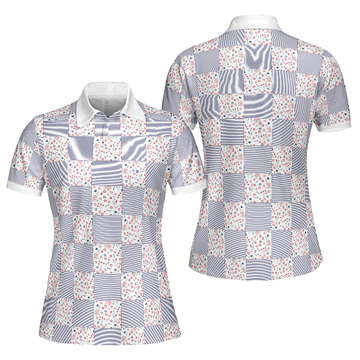 Little Flowers Blue Pink Plaid Short Sleeve Women Polo Shirt