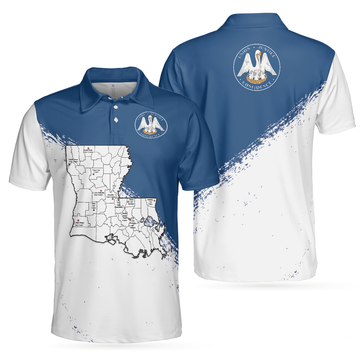 Louisiana State And Map Short Sleeve Polo Shirt, Cool Lousiana Flag Shirt For Men