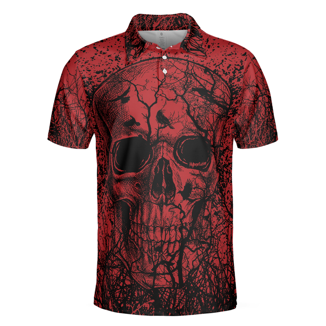 Skull Crow Black And Red Short Sleeve Polo Shirt, Dark Forrest Skull Crow Shirt For Men, Best Polo Shirt For Halloween - Perfect Gift For Men