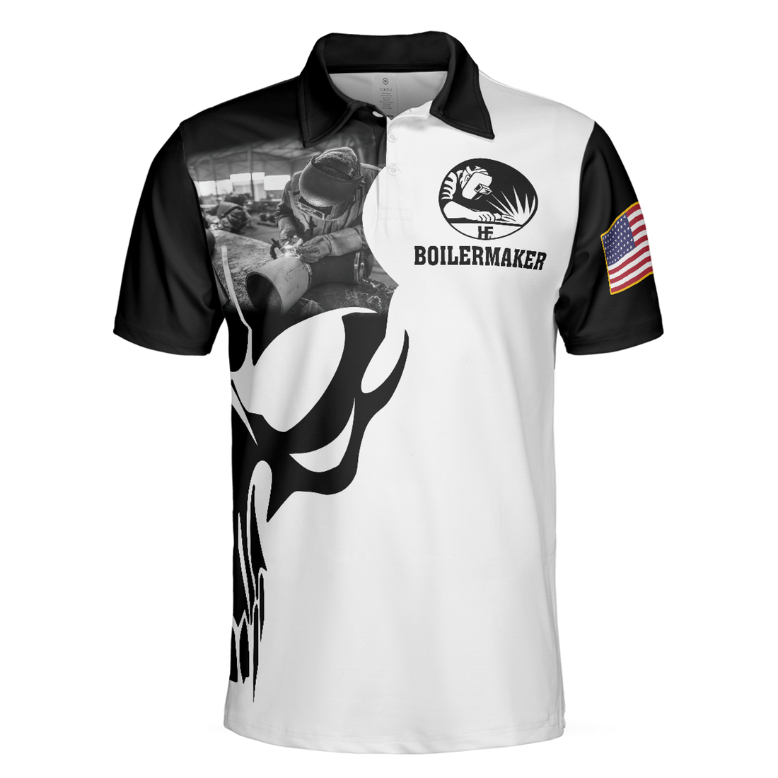 Men Polo Shirt - Boilermaker Proud Black And White Short Sleeve Skull Polo Shirt, Best Boilermaker Shirt For Men