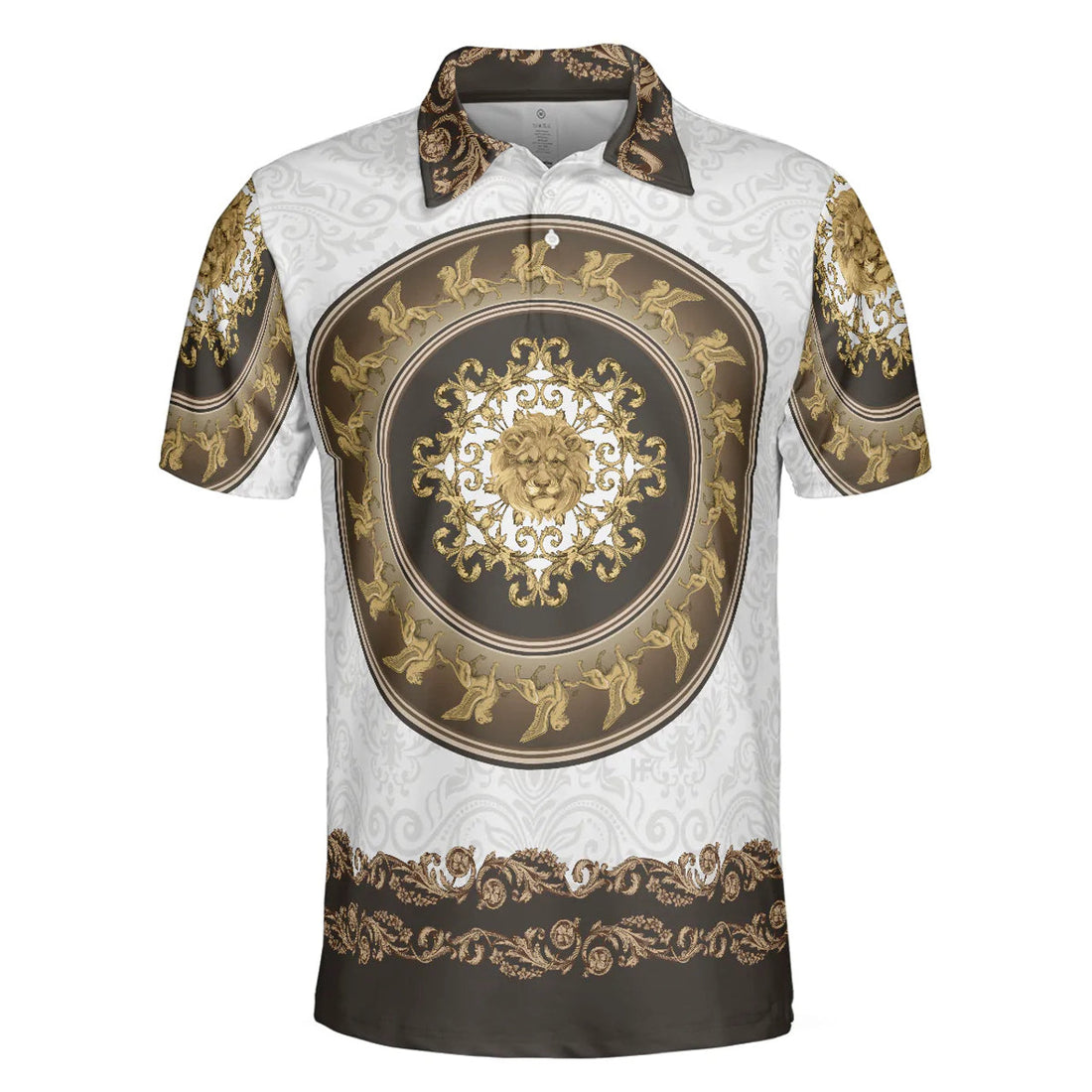 Lion Of Saint Mark Vintage Style Polo Shirt, Luxury Golden Baroque Pattern Polo Shirt For Men