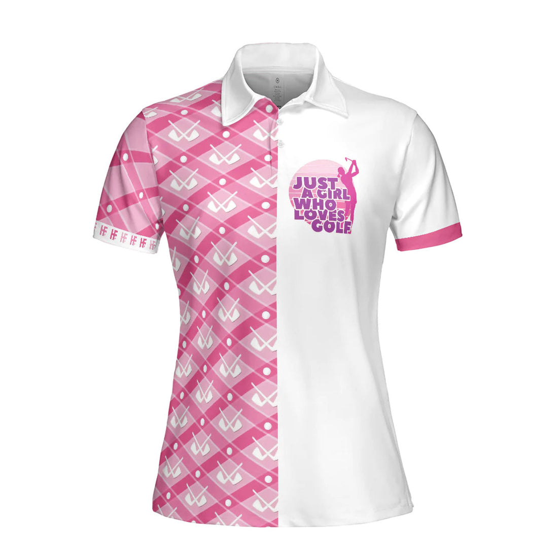 Pink Argyle Golf Clubs Pattern Women Polo Shirt, Just A Girl Who Loves Golf Short Sleeve Shirt, Gift For Female Golfers