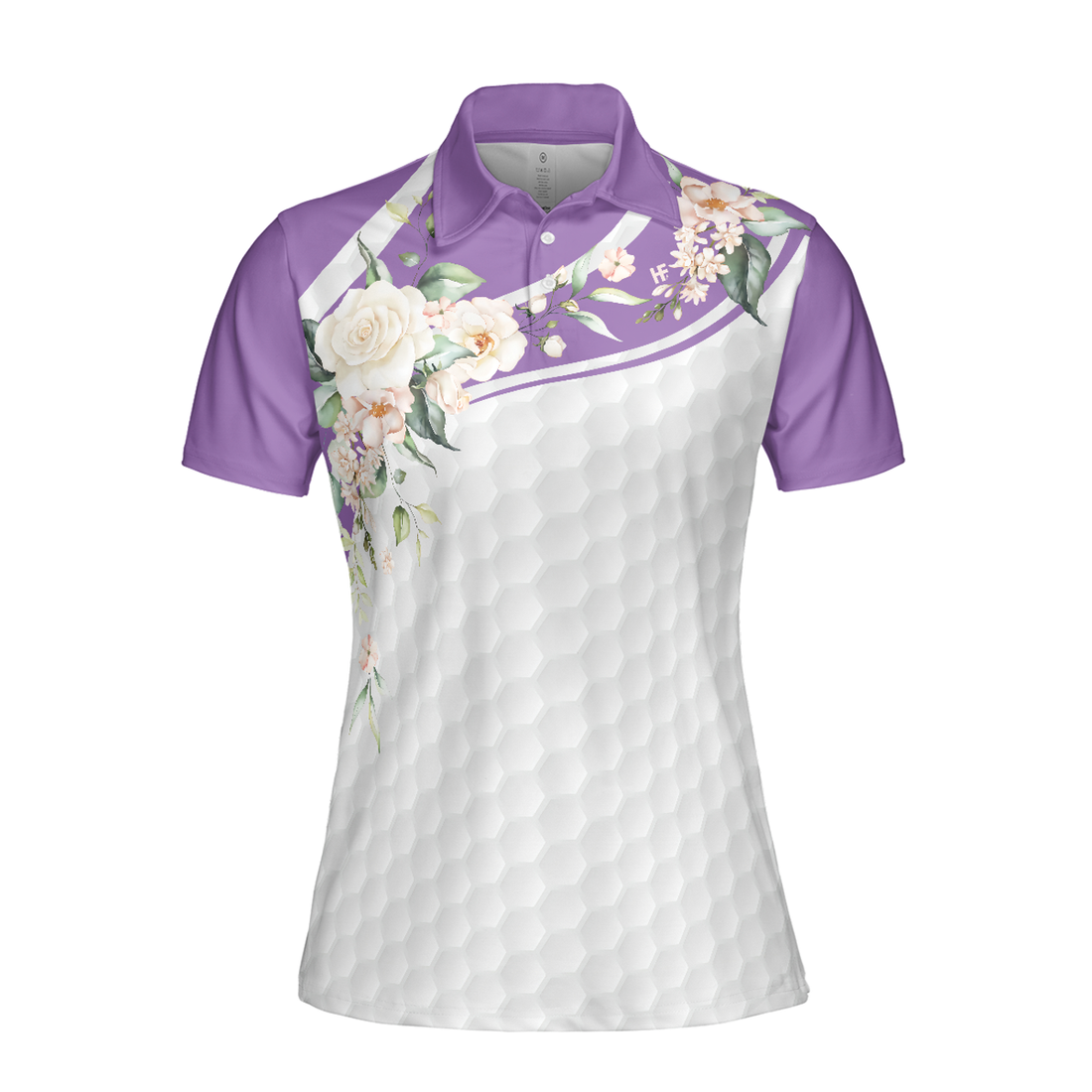 Golf Ball Texture With Roses Golf Short Sleeve Women Polo Shirt, Purple Golfing Polo Shirt For Ladies