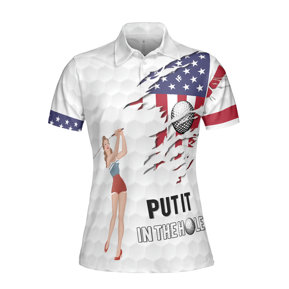 Golf American Flag Girl Short Sleeve Women Polo Shirt, White Golf Pattern And Golf Ball Polo Shirt, Patriotic Golf Shirt For Women, Best Gift For Golfers