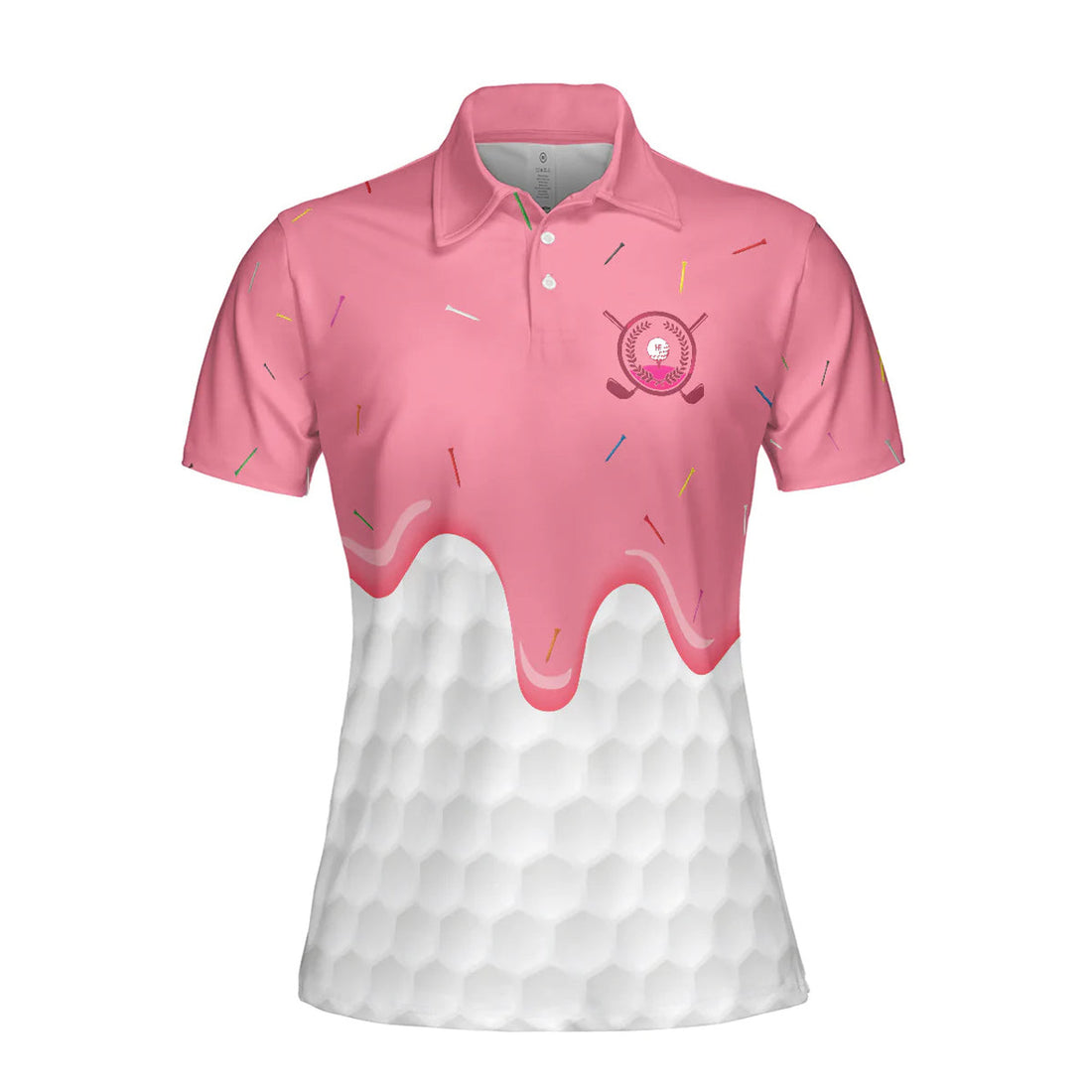 White And Pink Golf Women Polo Shirt, Ice Cream Melting On Golf Ball Cone Golf Short Sleeve Shirt For Ladies, Cool Gift For Female Golfers
