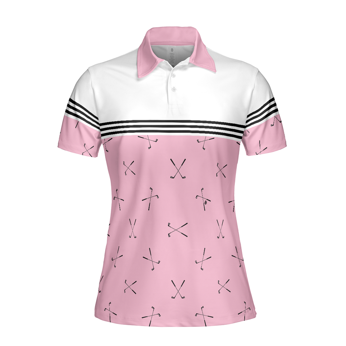 Hole In One Pink Golf Short Sleeve Women Polo Shirt, Golf Club Repeat Pattern Golfing Shirt, Pink Shirt For Women