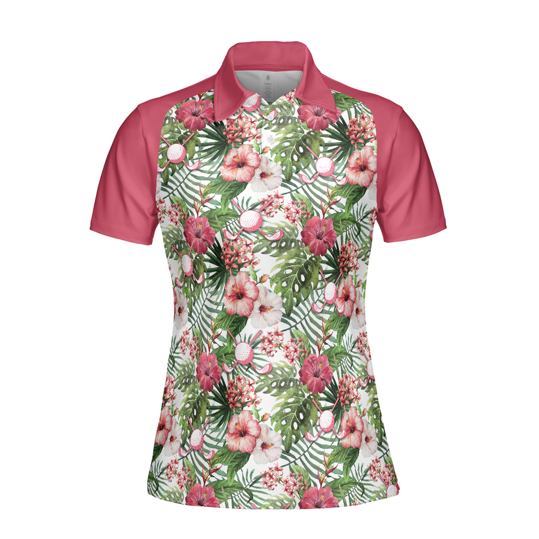 Golf Ball On Tropical Flowers Background Short Sleeve Women Polo Shirt, Tropical Flowers Pattern Polo Shirt, Best Golf Shirt For Ladies