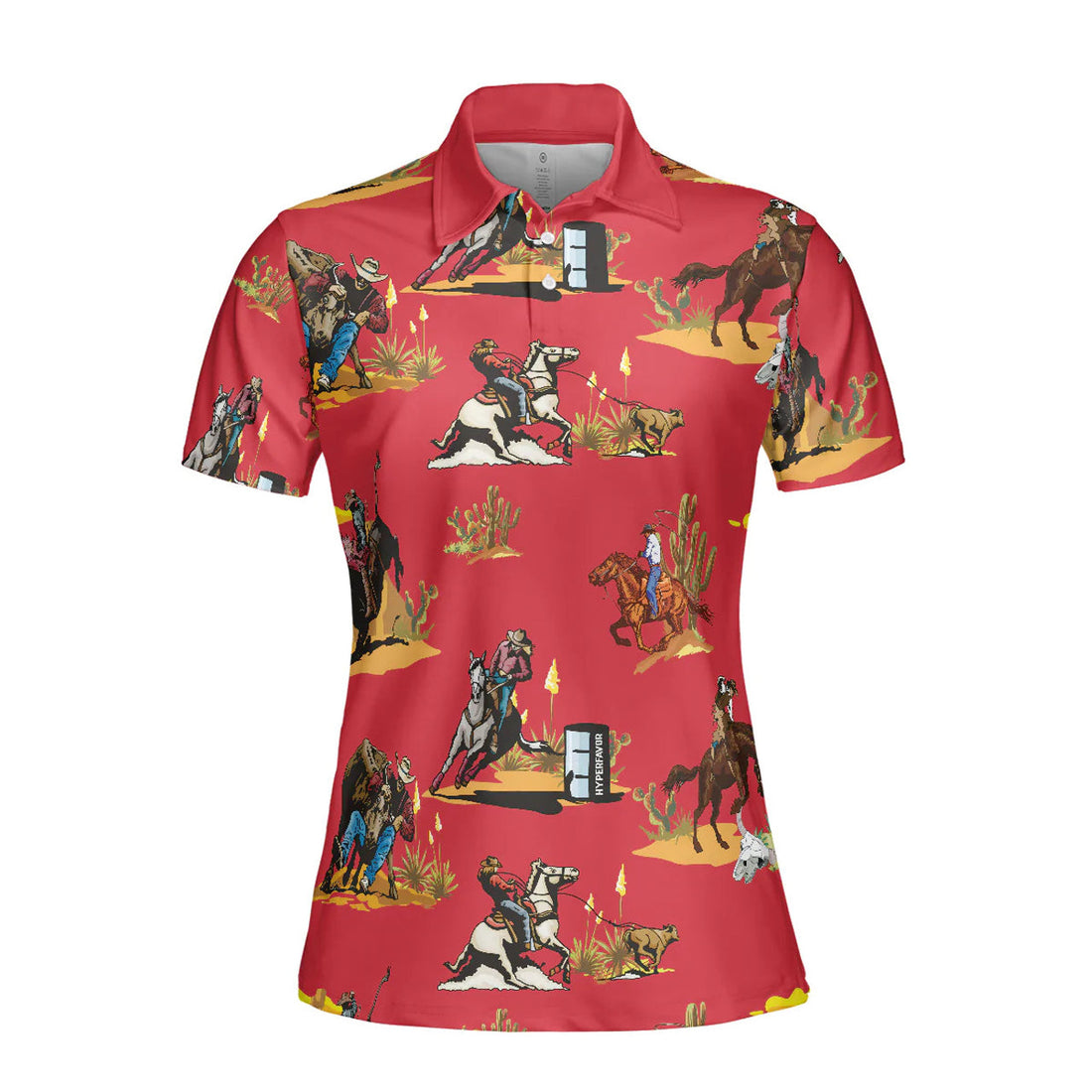 Rodeo Seamless Pattern Short Sleeve Women Polo Shirt, Red Texas Cowboy Polo Shirt, Rodeo Shirt For Female