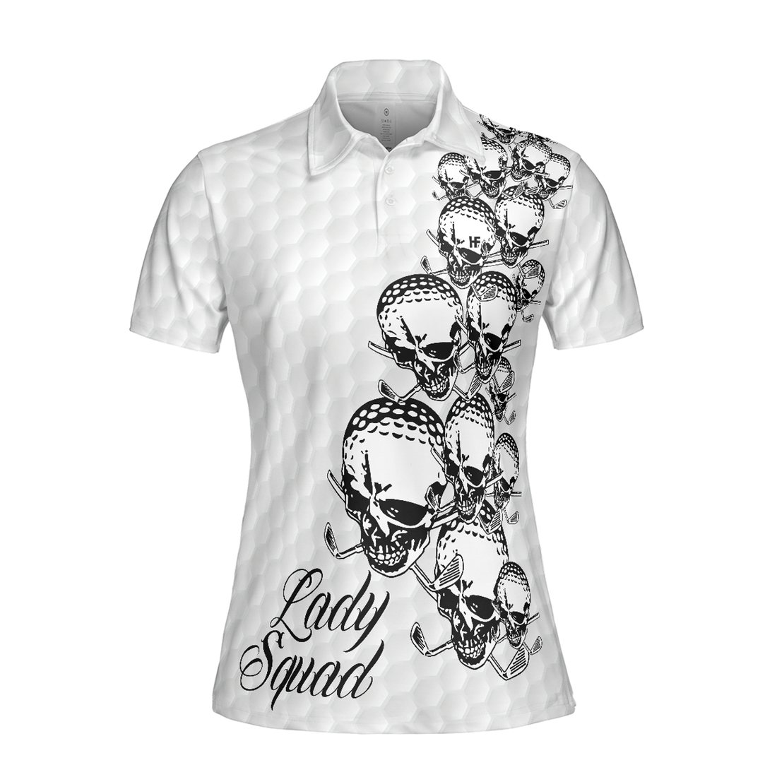 Golf Ball Texture With Skull Golf Short Sleeve Women Polo Shirt, Black And White Skull Golf Shirt For Ladies