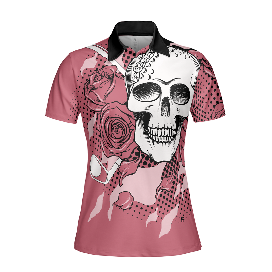 Golf Pink Skull Ladies Short Sleeve Women Polo Shirt, Rose Golf Shirt For Ladies, Cool Female Golf Gift