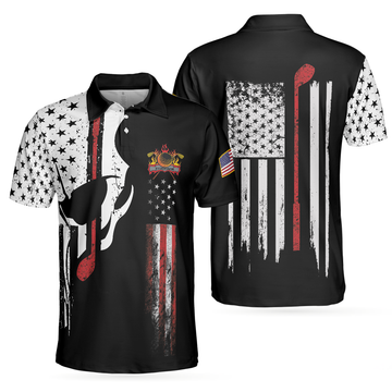 Skull American Flag With Golf Club Polo Shirt, Black And White American Flag Polo Shirt, Patriotic Golf Shirt For Men - Perfect Gift For Men, Golfers