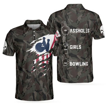 Hand Instruction American Flag Camouflage Bowling Men Polo Shirt, Camo Bowling Shirt For Men, Gift For Patriot Veteran