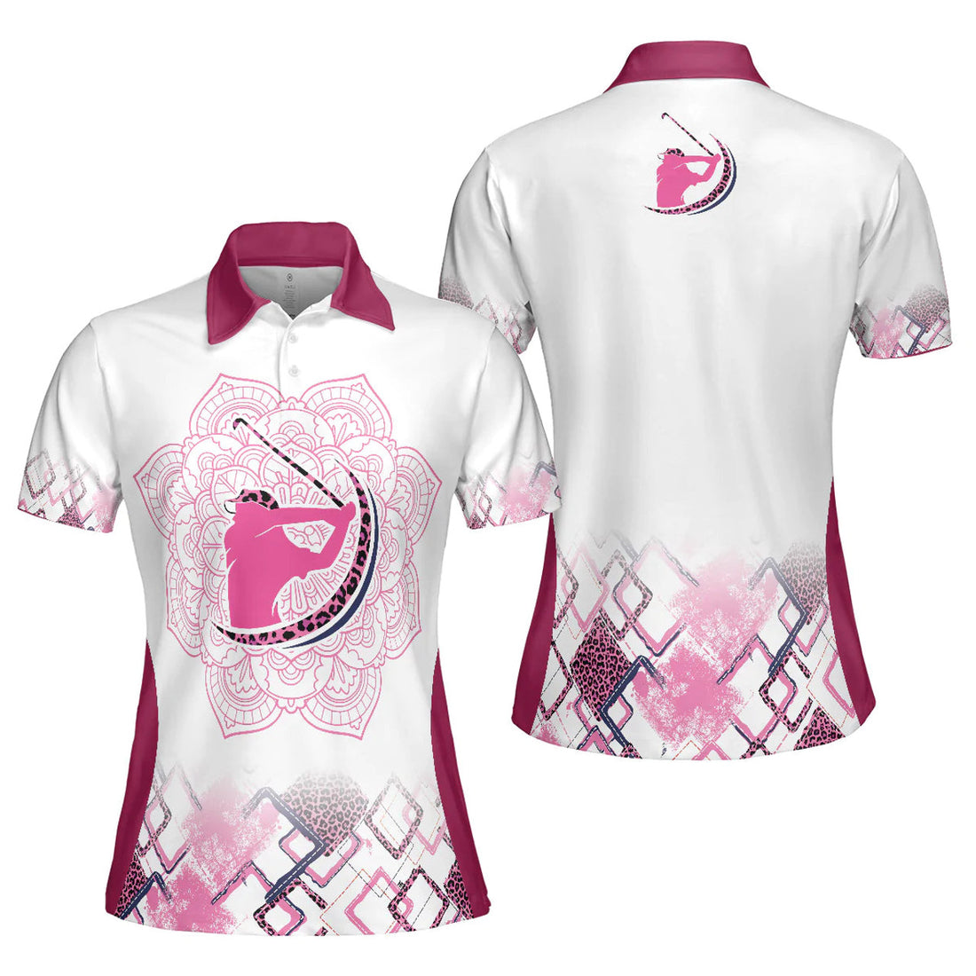 Leopard Mandala Pattern Thinning Layout Pink Girl Golf Short Sleeve Women Polo Shirt, Best Golf Shirt For Ladies