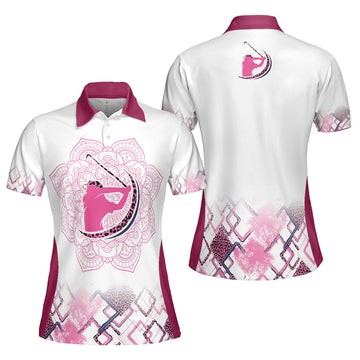 Leopard Mandala Pattern Thinning Layout Pink Girl Golf Short Sleeve Women Polo Shirt, Best Golf Shirt For Ladies