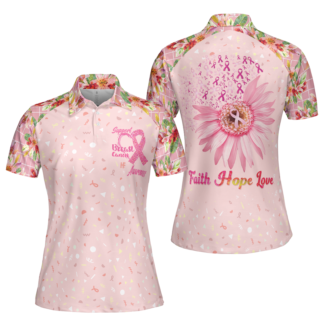 Colorful Flower Breast Cancer Awareness Women Polo Shirt, Fight Hope Love Breast Cancer Awareness Month Short Sleeve Shirt
