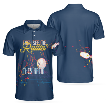Bowling Men Polo Shirt - They see me Rollin' They Hatin' Polo Shirt, Light Art Bowling Polo Shirt - Perfect Gift For Friend, Family, Bowling Lovers