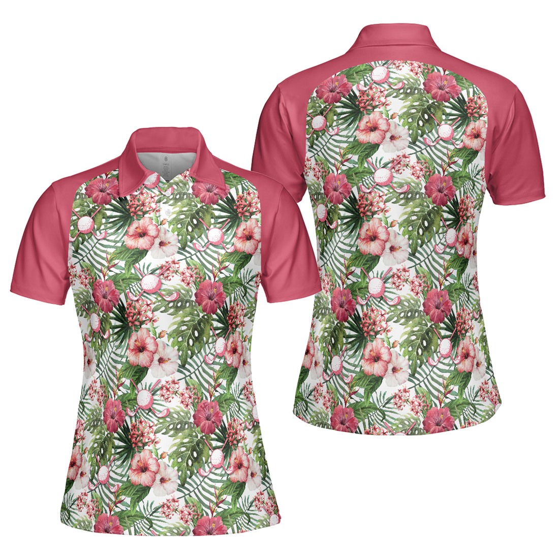 Golf Ball On Tropical Flowers Background Short Sleeve Women Polo Shirt, Tropical Flowers Pattern Polo Shirt, Best Golf Shirt For Ladies
