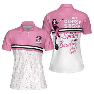 Pink Bowling Ball And Pin Pattern Women Polo Shirt, I'm A Classy Sassy Bowling Girl Bowling Short Sleeve Shirt For Ladies, Gift For Bowling Lovers