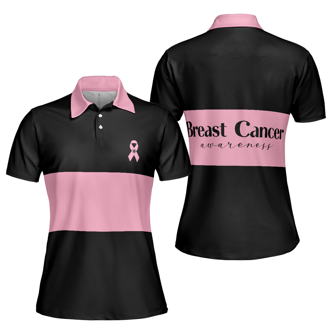 Breast Cancer Awareness Ribbon Short Sleeve Women Polo Shirt, Thoughtful Breast Cancer Survivor Shirt, Pink And Black Shirt For Ladies, Best Gift For Women