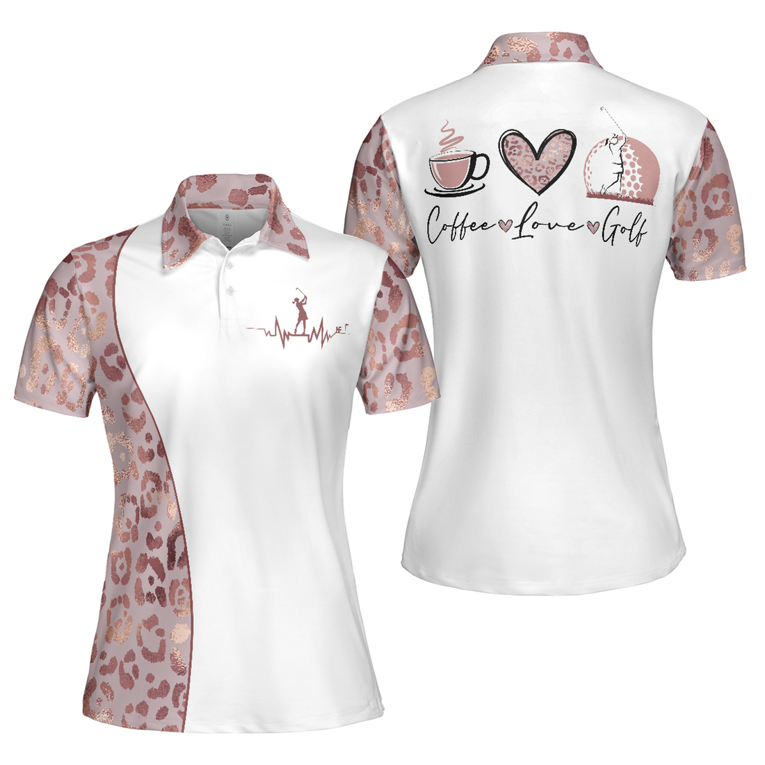 Coffee Love Golf Women Polo Shirt, Leopard Pattern Short Sleeve Women Polo Shirt, Best Gift For Golf and Coffee Lovers