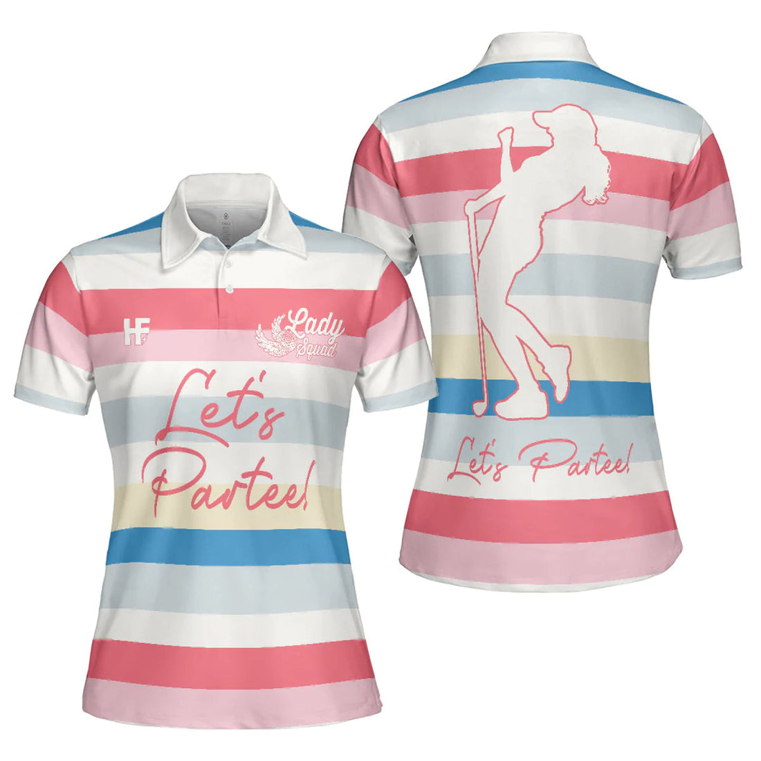 Girl Golf Women Polo Shirt, Let's Partee Short Sleeve Women Polo Shirt, Color Horizontal Line Pattern Golf Shirt For Female