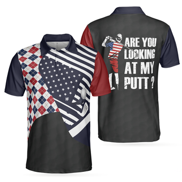 Argyle Pattern USA Flag Men Polo Shirt, Are You Looking At My Putt Shirt For Men Golfers, Gift For Golfers