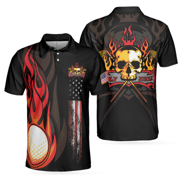 Golf Flame Skull Short Sleeve Golf Men Polo Shirt, Black American Flag Golf Shirt For Men, Cool Gift For Golfers