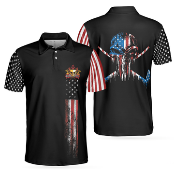 American Flag and Skull Men Polo Shirt, Skull Golf Polo Shirt, Dark Theme American Flag Polo Shirt, Best Golf Shirt For Men