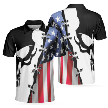 Men Polo Shirt - Black Skull Billiards Short Sleeve Polo Shirt, American Flag Polo Shirt, Best Billiards Shirt For Men