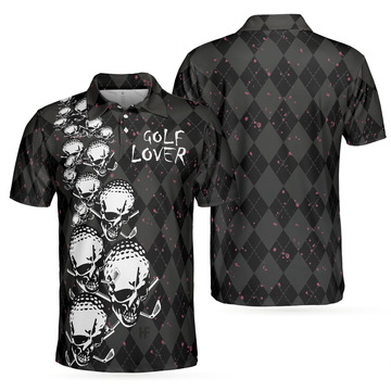 Elegant Argyle Pattern And Skull Golf Lover Polo Shirt, Black Skull Golf Shirt For Men, Best Gift For Men