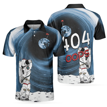 Men Polo Shirt - Astronaut Golfing Outer Space Black Golf Polo Shirt Men Polo Shirt - Gift For Golfer - Hole 404 Oops Men Polo Shirt