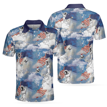 Men Polo Shirt - Astronaut Plays Golf In Space American Flag Men Polo Shirt - Gift For Golfer - Cloud Golfing Men Polo Shirt