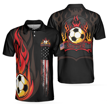 Soccer Flame Short Sleeve Black Polo Shirt, Black American Flag Polo Shirt, Best Soccer Shirt For Men - Perfect Gift For Men, Soccer Lovers