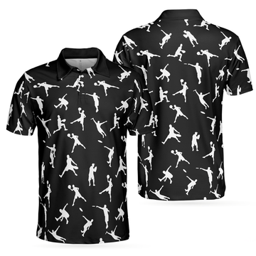 Silhouette Playing Disc Golf Polo Shirt, Black And White Disc Golfer Pattern Polo Shirt, Disc Golf Shirt For Men