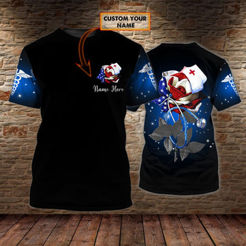 FUNSTUFFPRINT Personalized Nurse Flower American 3D Shirt, Nurse Shirt, Gift for Nurse Women 3D T-shirt
