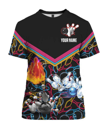 FUNSTUFFPRINT Personalized 3D Black Bowling Shirt Men Women, Custom Colorful Bowling T-Shirt, Bowling Team Uniform, Bowling Gifts 3D T-shirt