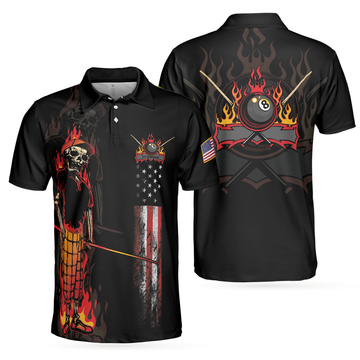 Mr Bones 8 Ball American Flag Billiards Short Sleeve Polo Shirt, Cool Skeleton Billiards Shirt For Men