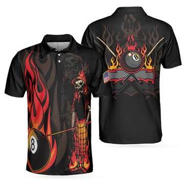 Mr Bones 8 Ball American Flag Billiards Skull Short Sleeve Polo Shirt, Cool Skeleton Billiards Shirt For Men