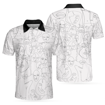 Multiple Face One Line Art White Version Polo Shirt, Black And White Abstract Art Polo Shirt For Men