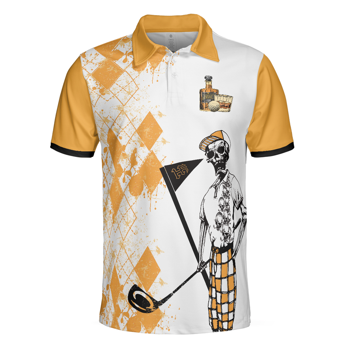 Never Underestimate An Old Man Drinking Whisky Golf Polo Shirt, Argyle Pattern Skeleton Golf Shirt For Men