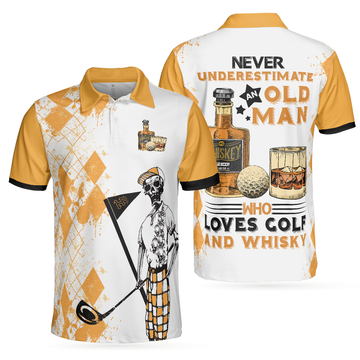 Never Underestimate An Old Man Drinking Whisky Golf Polo Shirt, Argyle Pattern Skeleton Golf Shirt For Men