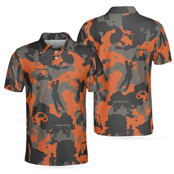 Orange Camouflage Golf Polo Shirt, Golfer Silhouette Pattern Polo Shirt, Camo Golf Shirt For Men