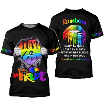 FUNSTUFFPRINT Customized With Name Rainbow Lips 3D LGBT-Shirt, Pride Love Is Love, Support LGBT Gift 3D T-shirt