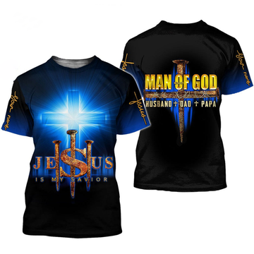 FUNSTUFFPRINT Personalized Name Man Of God Husband Dad Papa Jesus Is My Savior 3D All Over Printed Clothes, Sublimation Christian Shirt 3D T-shirt